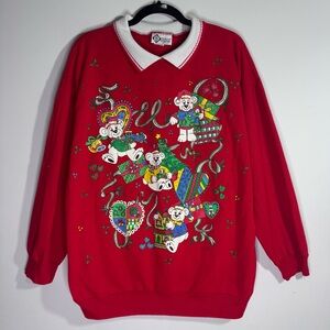 Vintage 90s Teddy Bear Christmas Sweatshirt Red Glitter Holiday Plus 1X USA